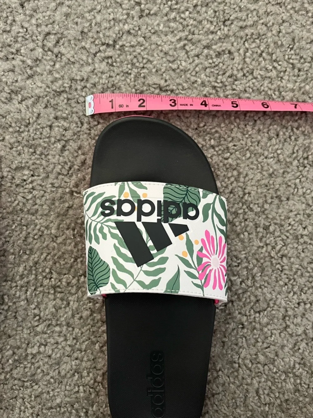 adidas Black Slide Sandals with Pink Trim and Floral Strap - Picture 7 of 8